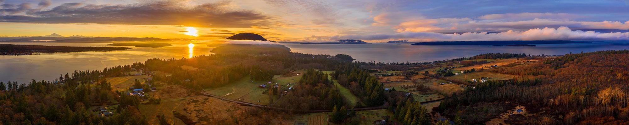 Arial view of Lummi island during a winter sunset